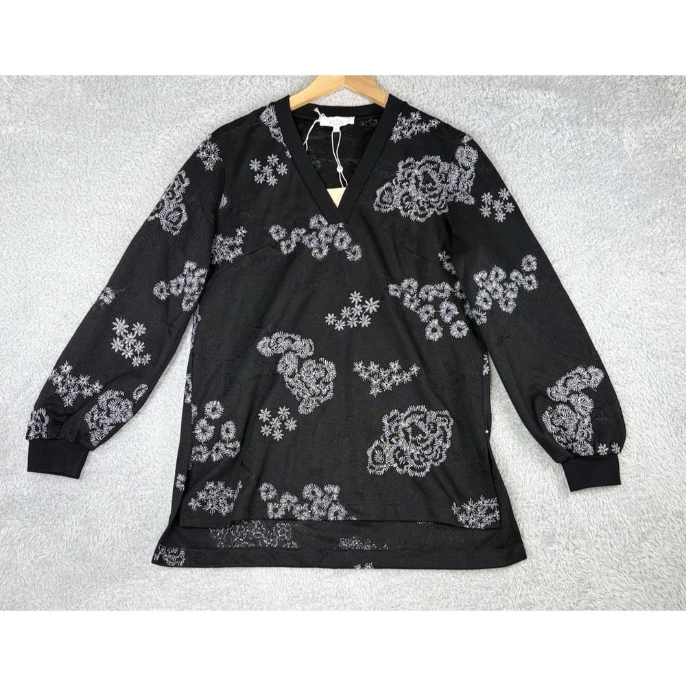 NEW Pearl by Lela Rose Womens XS Embroidered V Neck Tunic Top Black Floral